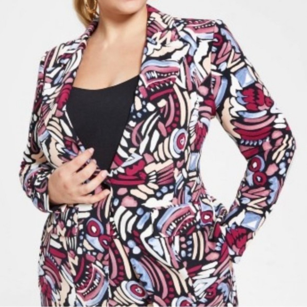 NINA PARKER trendy plus size bold printed oversized colorful blazer. 1X